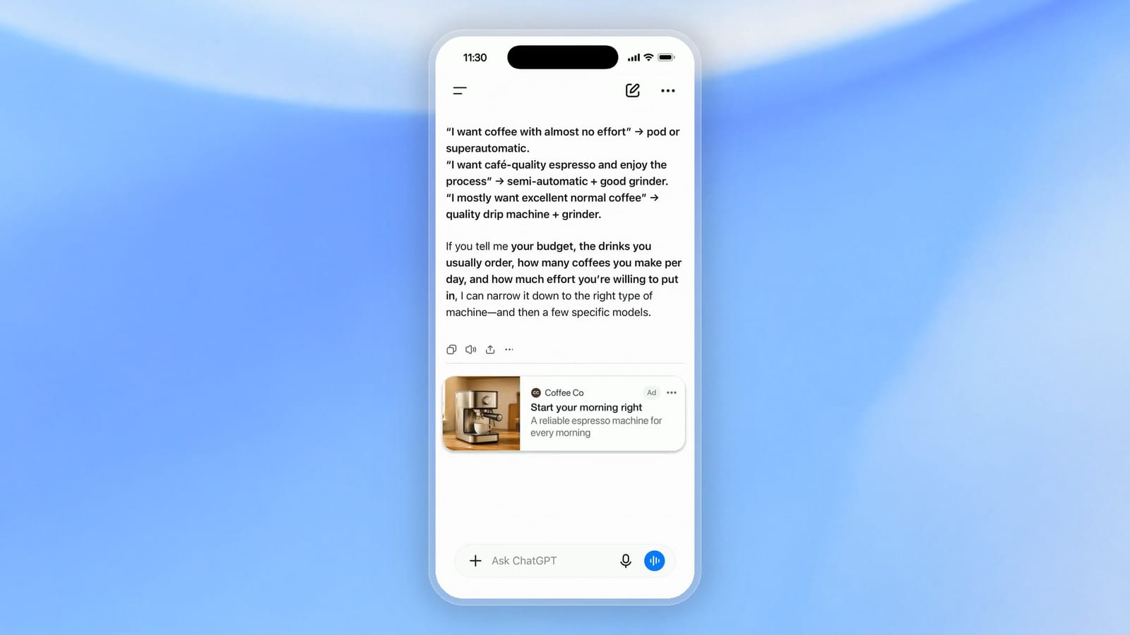Voorbeeld van een advertentie in ChatGPT, uit de aankondiging van OpenAI over de uitbreiding naar 31 Europese markten